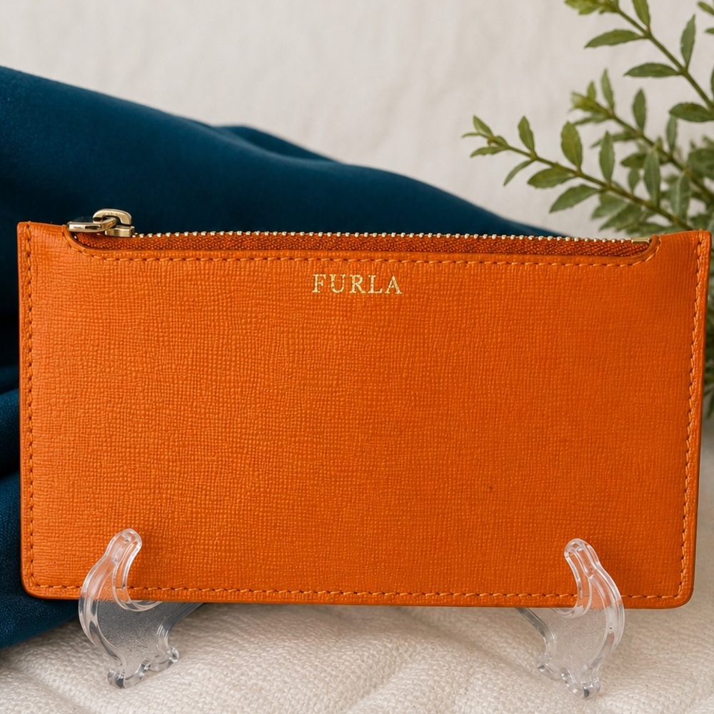 Furla Orange Saffiano Leather Slim Zip Pouch Wallet Card Case Italy